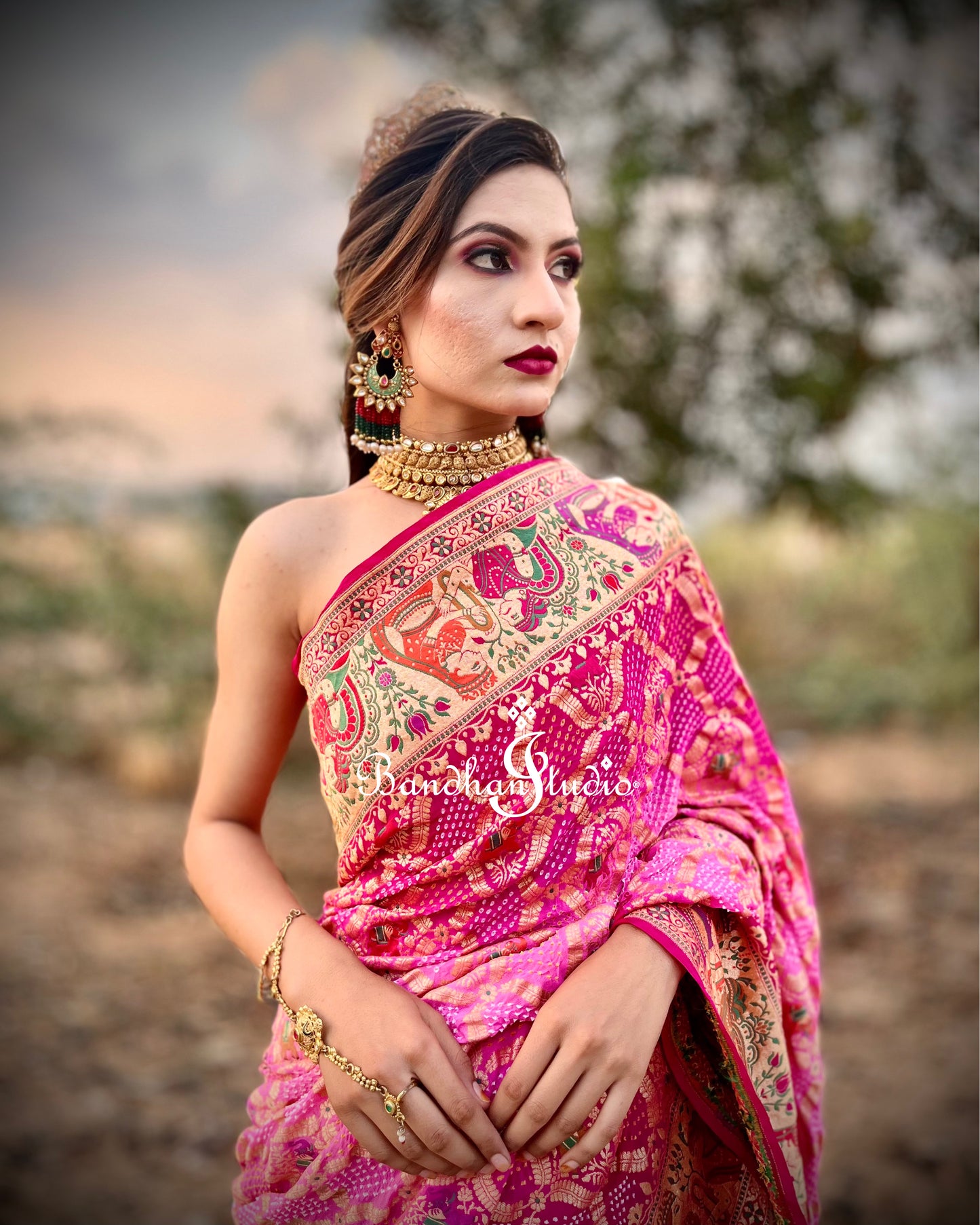 Fuschia Pink ombré Meenakari Raja-Rani Bandhani Saree