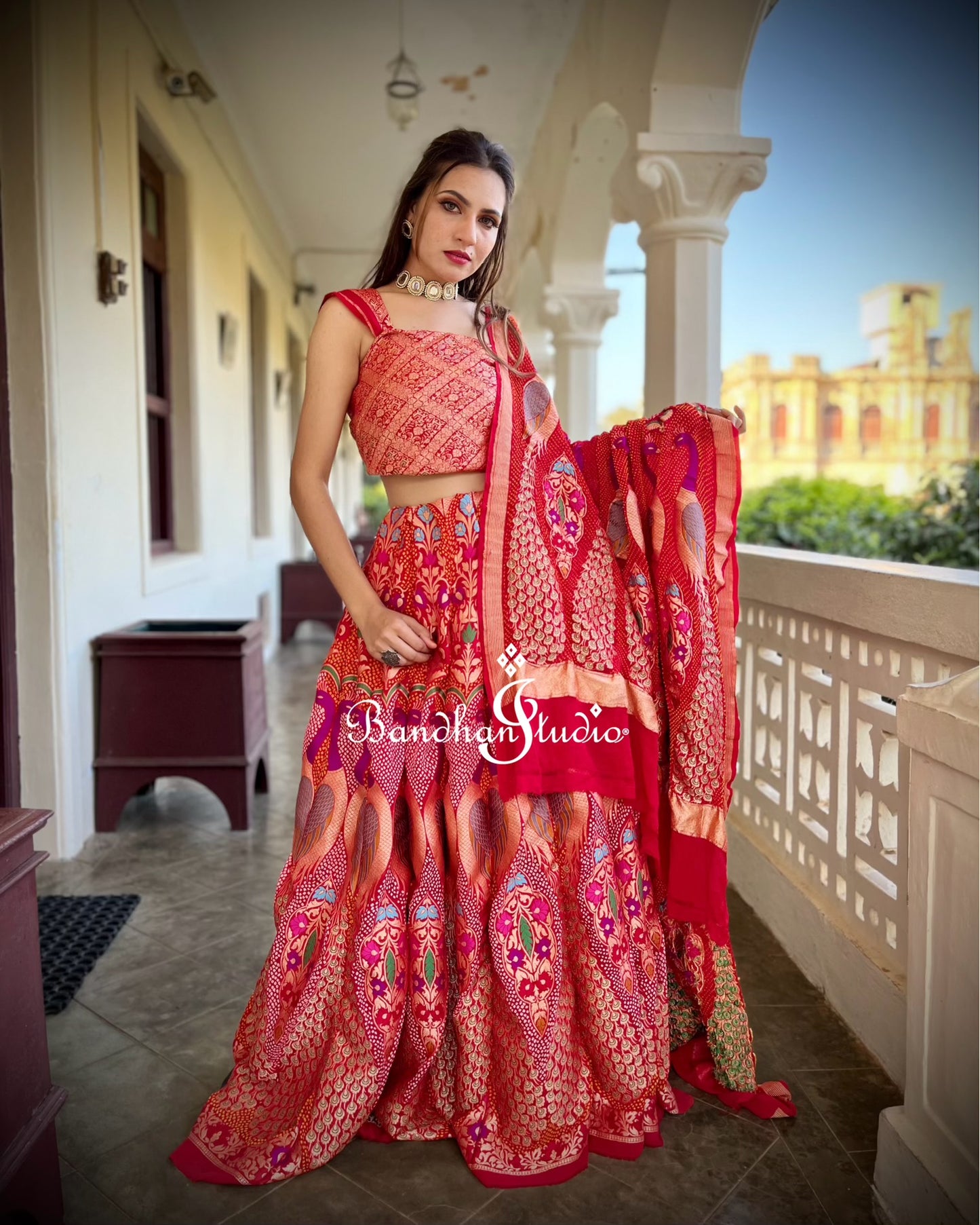 Red Peacock Meenakari Bandhani Lehenga