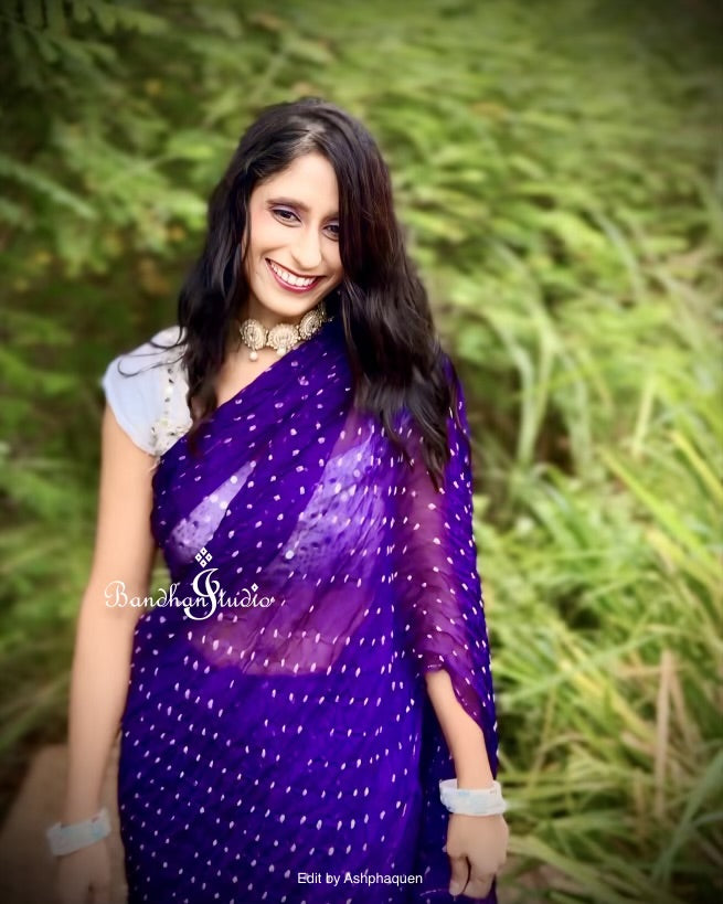Purple Geometric Bandhani on Organza