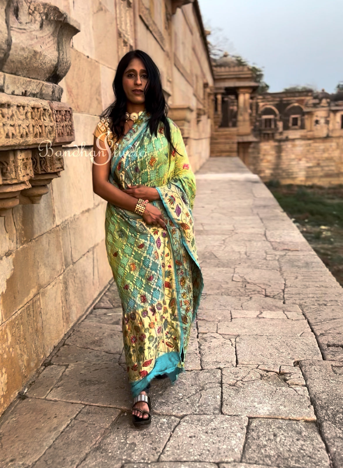 Skyblue to sea-green ombré Handloom Meenakari Shikargah Bandhani Dupatta