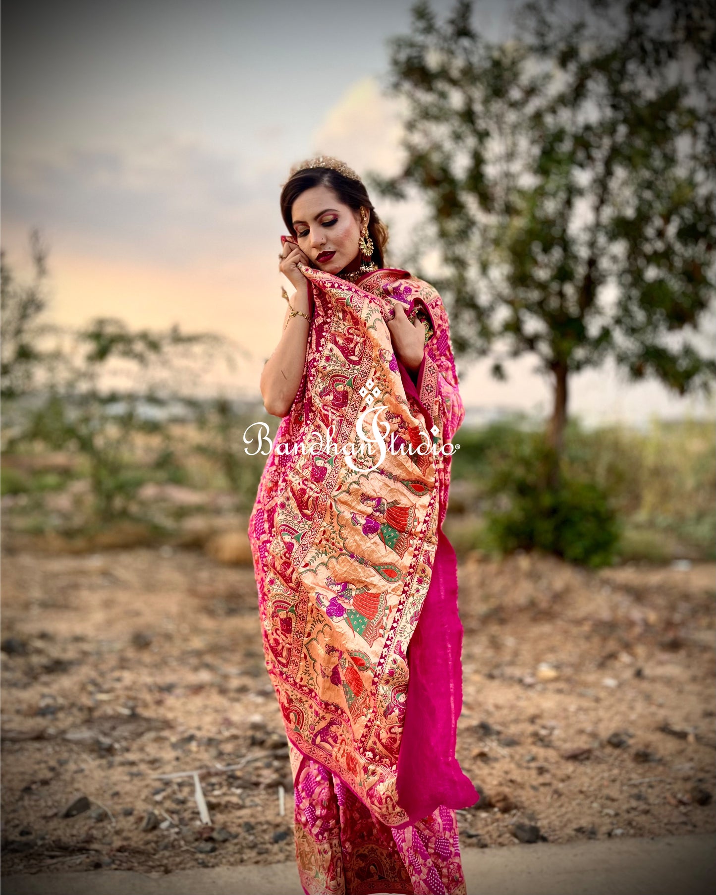 Fuschia Pink ombré Meenakari Raja-Rani Bandhani Saree