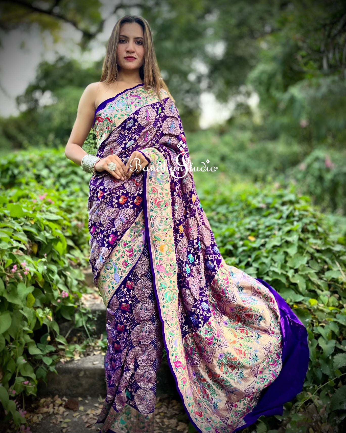 Purple Meenakari Bandhani Sari