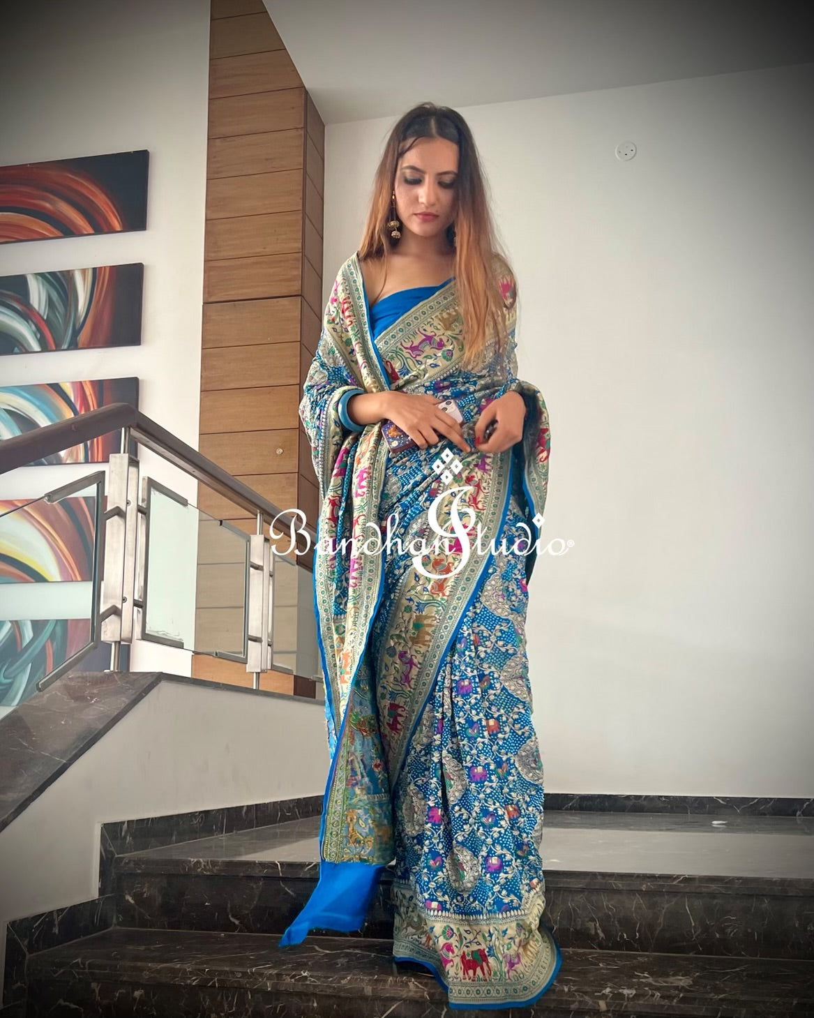 Turquoise Shikargah Bandhani Saree
