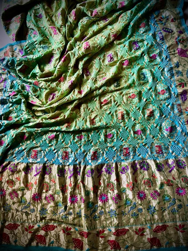 Skyblue to sea-green ombré Handloom Meenakari Shikargah Bandhani Dupatta