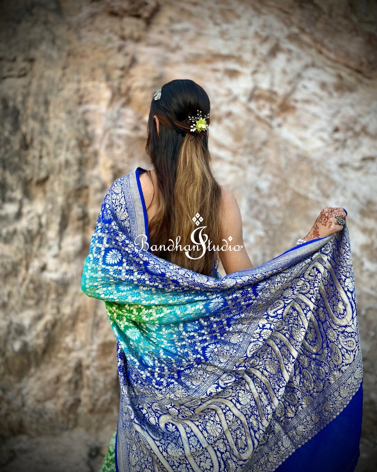 Blue and Sea-green Ombré Silver Zari Bandhani Saree
