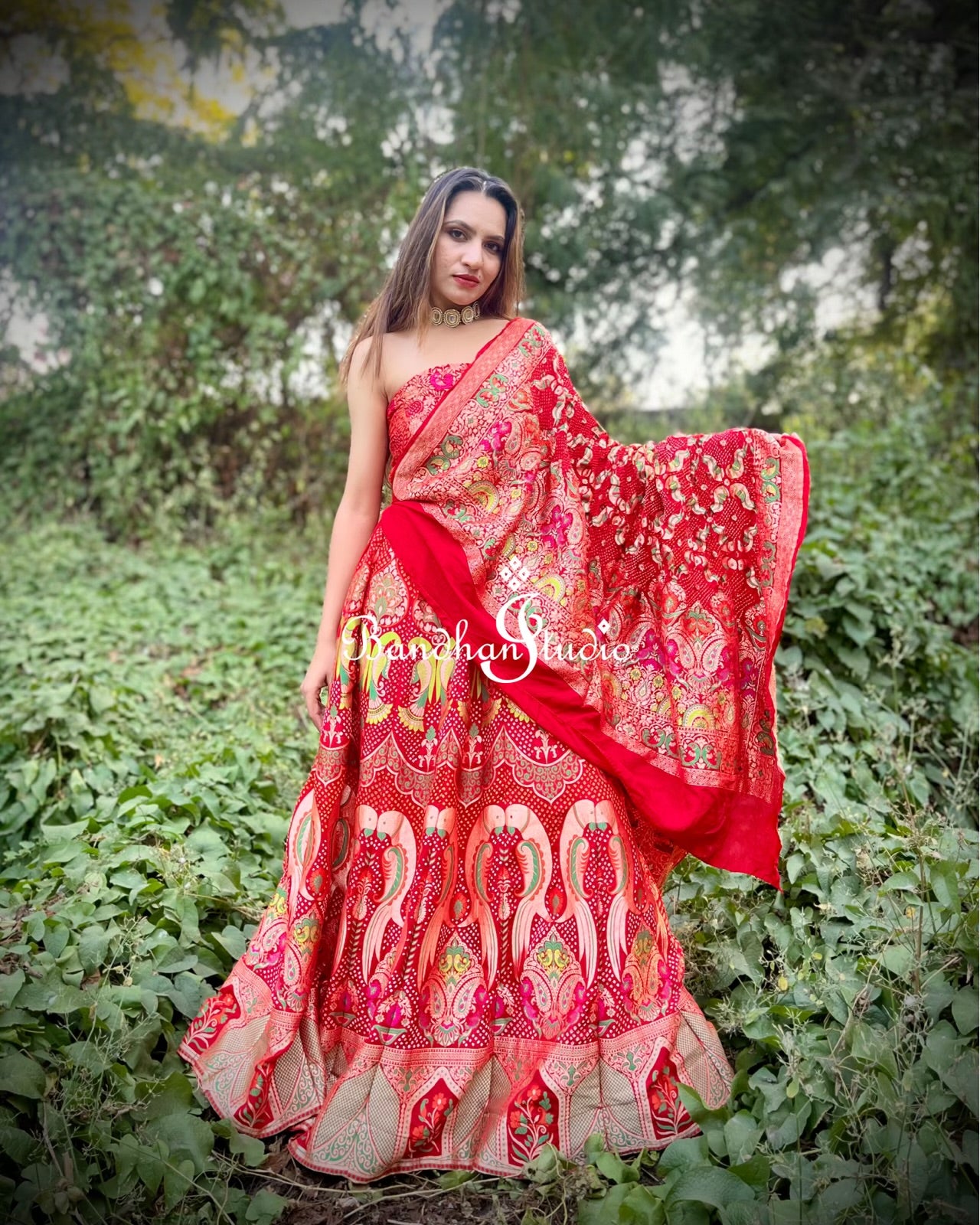 Red Parrot Motifs Bandhani Meenakari Lehenga