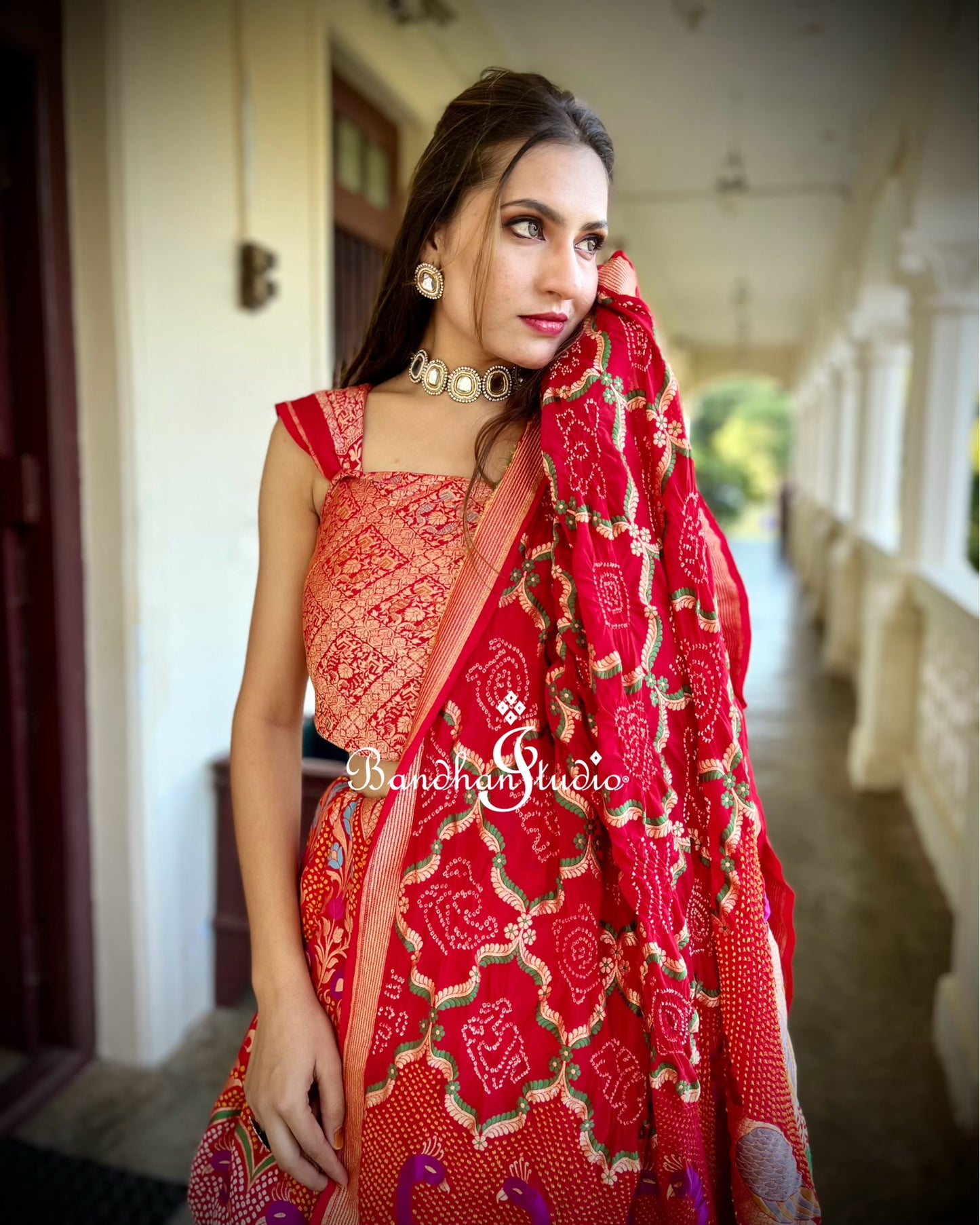 Red Peacock Meenakari Bandhani Lehenga