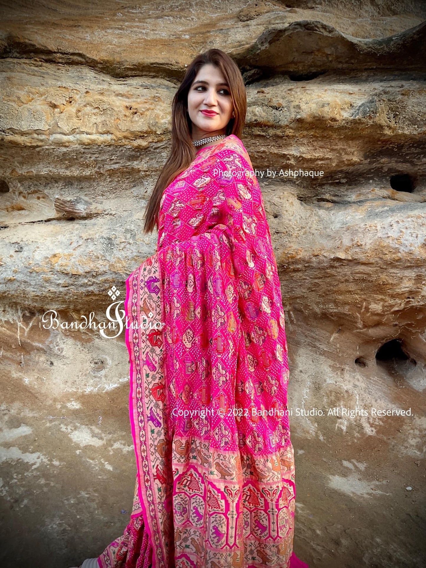 Hot pink Meenakari Shikargah Bandhani Saree