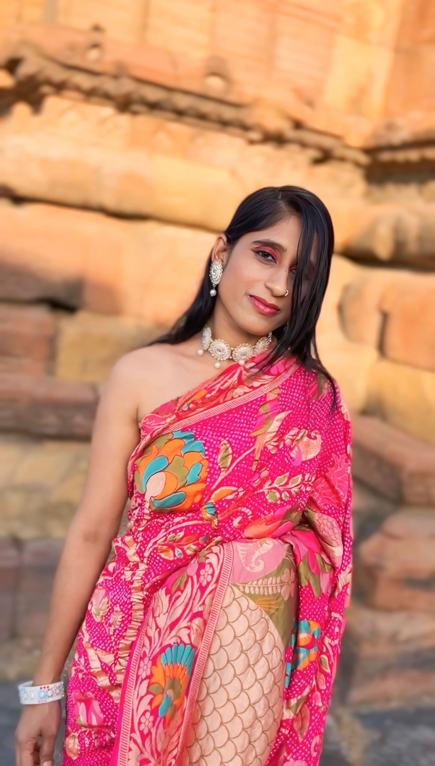 Rose Pink Meenakari Paithani Style Bandhani Upada Sari