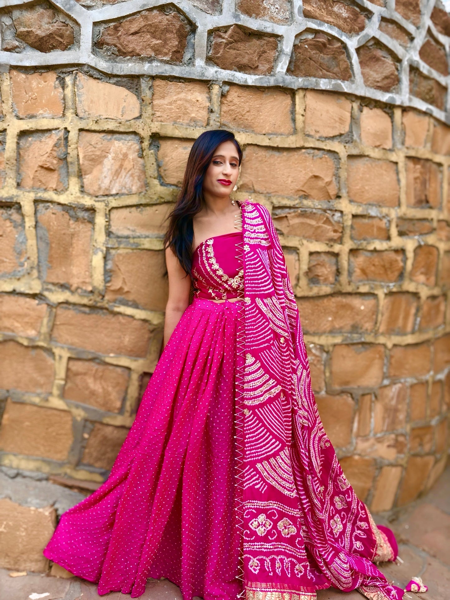 Hot pink Handcrafted pure Gaji silk premium fabric 3 pc Lehenga choli set