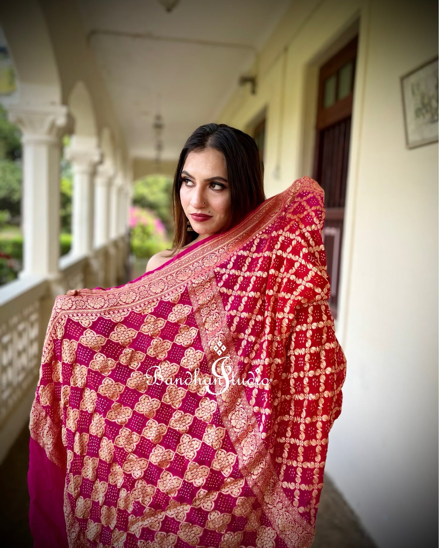 Hot pink and Coral ombré Bandhani handcrafted Saree
