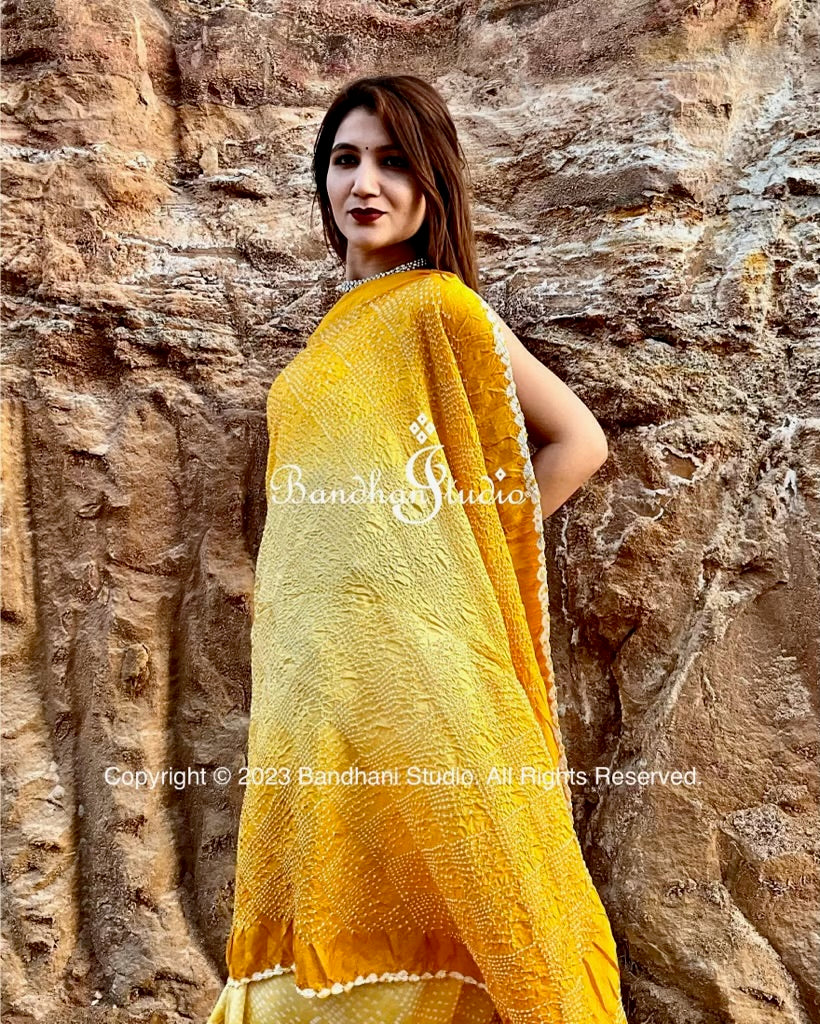 Golden yellow ombré Bandhani saree handcrafted in Pure Silk