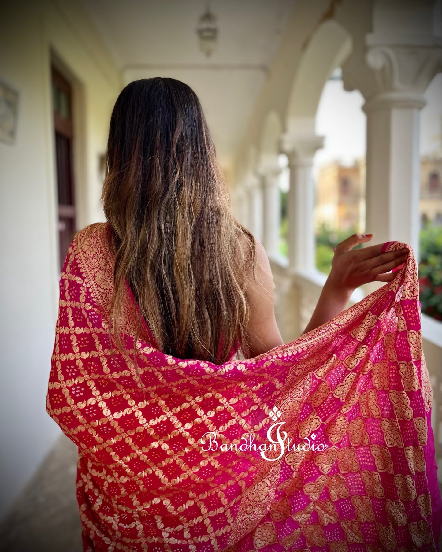 Hot pink and Coral ombré Bandhani handcrafted Saree