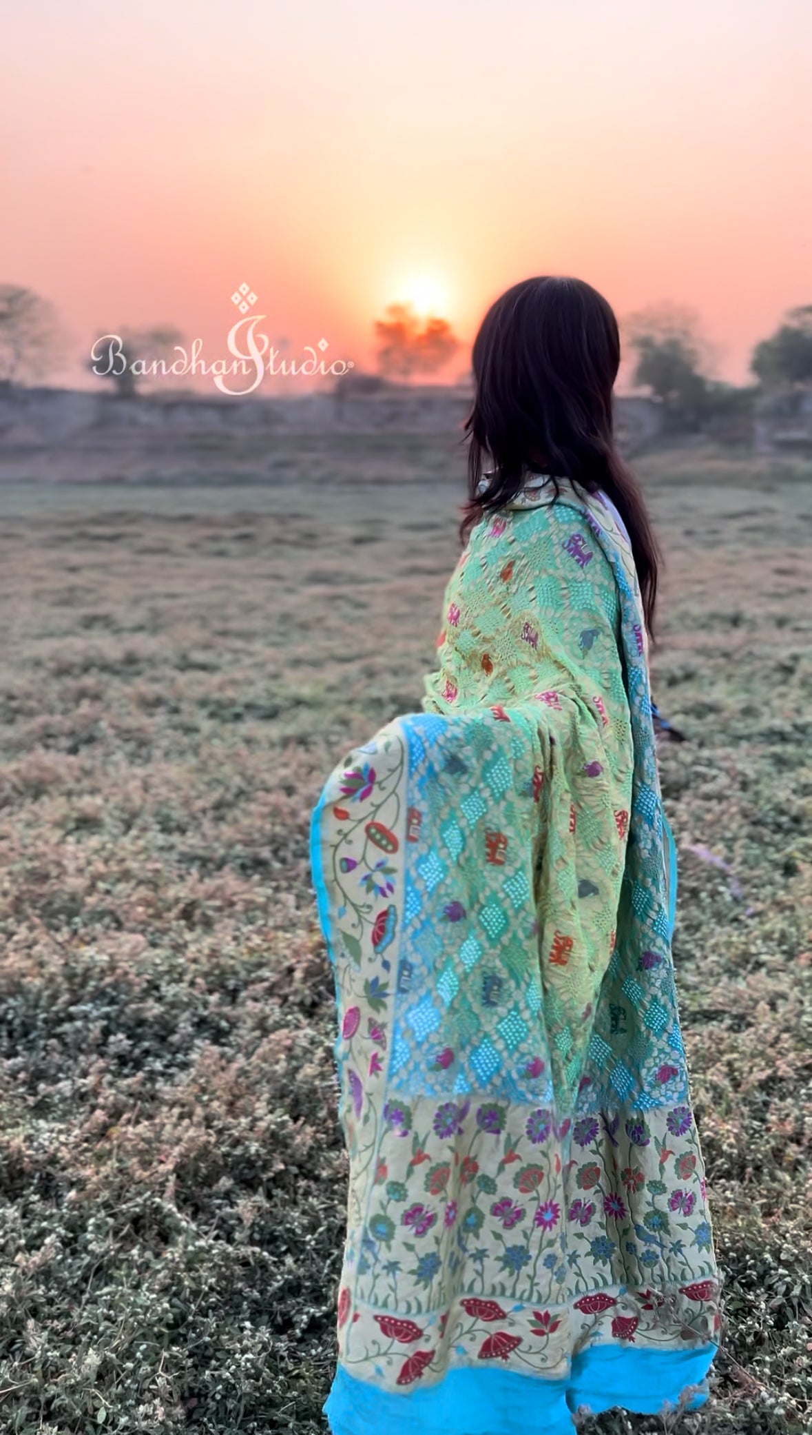 Skyblue to sea-green ombré Handloom Meenakari Shikargah Bandhani Dupatta