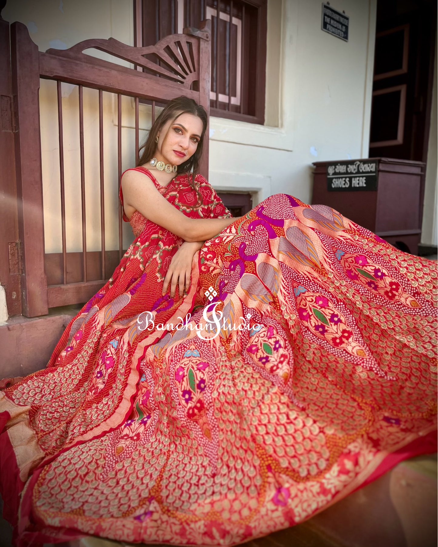 Red Peacock Meenakari Bandhani Lehenga