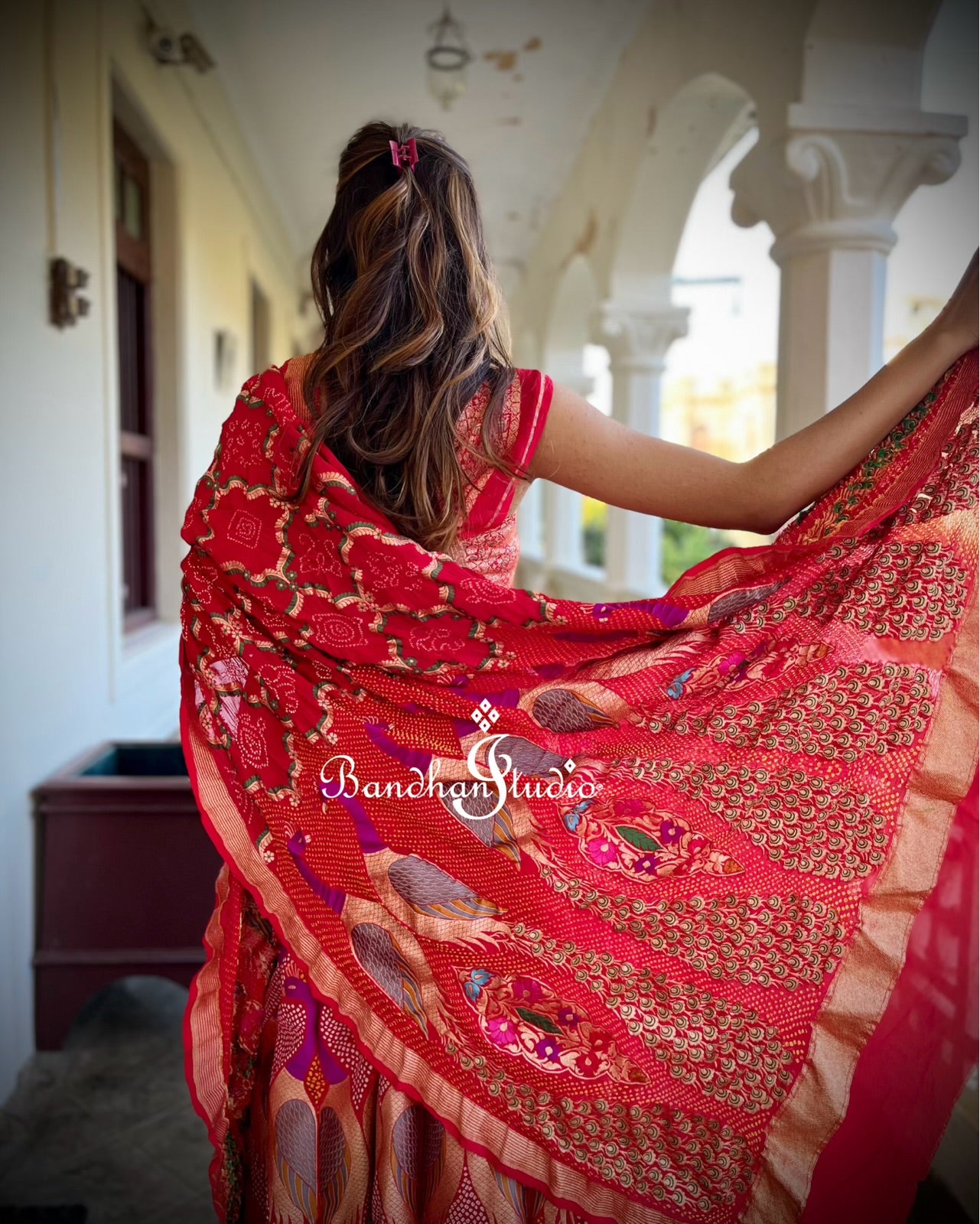 Red Peacock Meenakari Bandhani Lehenga