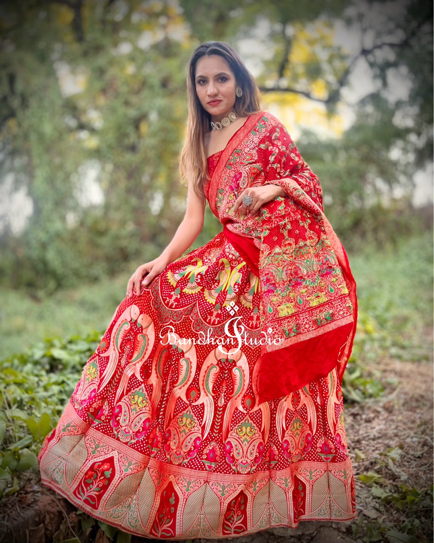 Red Parrot Motifs Bandhani Meenakari Lehenga