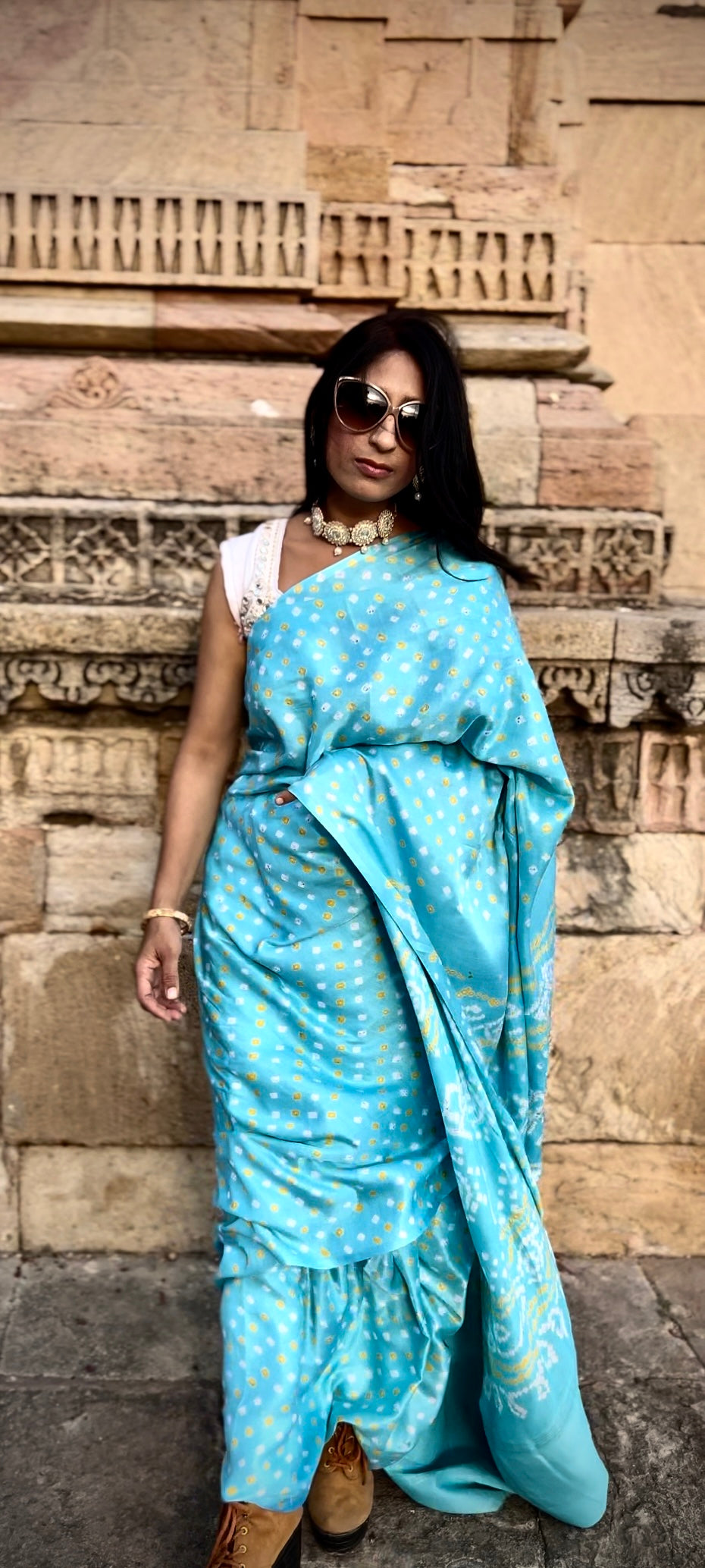 Sky blue Bandhani on Silk Sari