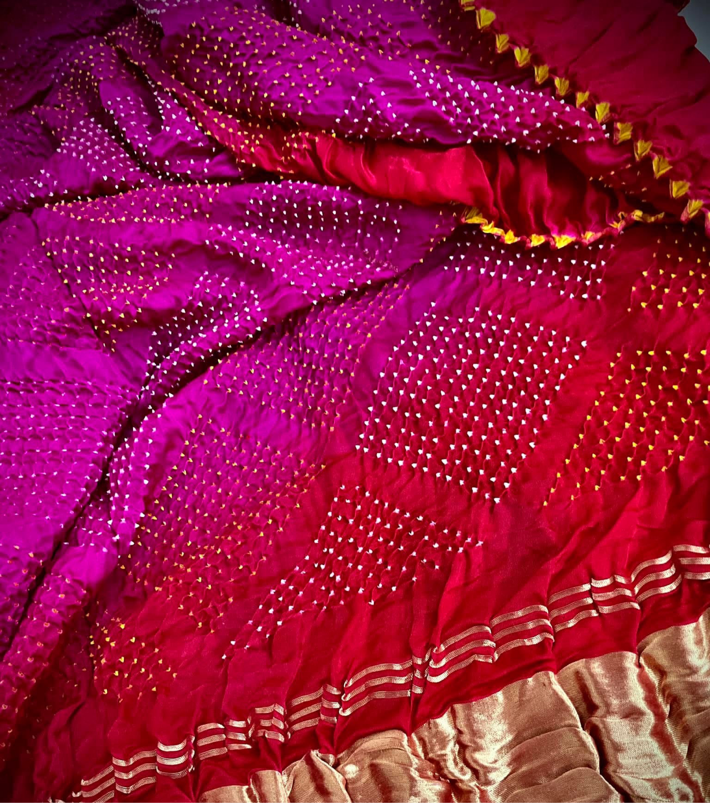 Rani pink Strawberry Red ombré Geometric Bharti bandhej Dupatta