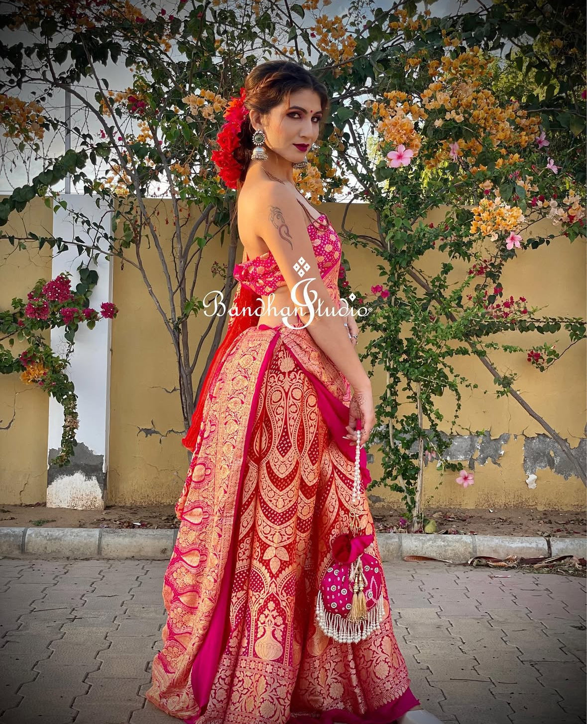 Rani Pink and Coral ombré Bandhani Lehenga set