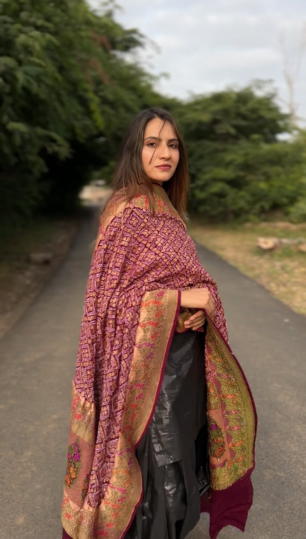 Dark Burgundy Handloom Bandhani Dupatta