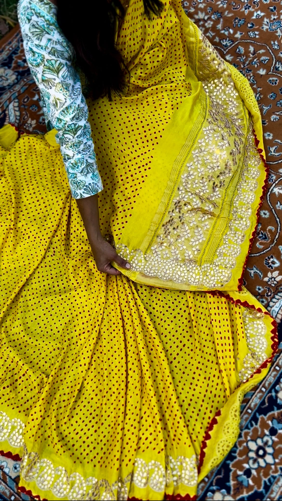 Lemon yellow Gotapati Bandhani Sari
