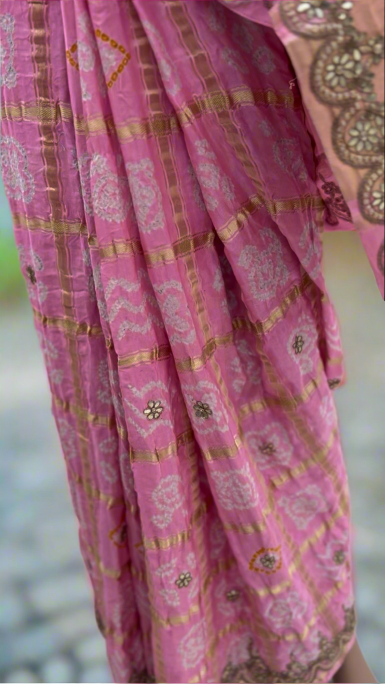 Baby pink Gharchola Bandhani Gotapati on Silk Sari