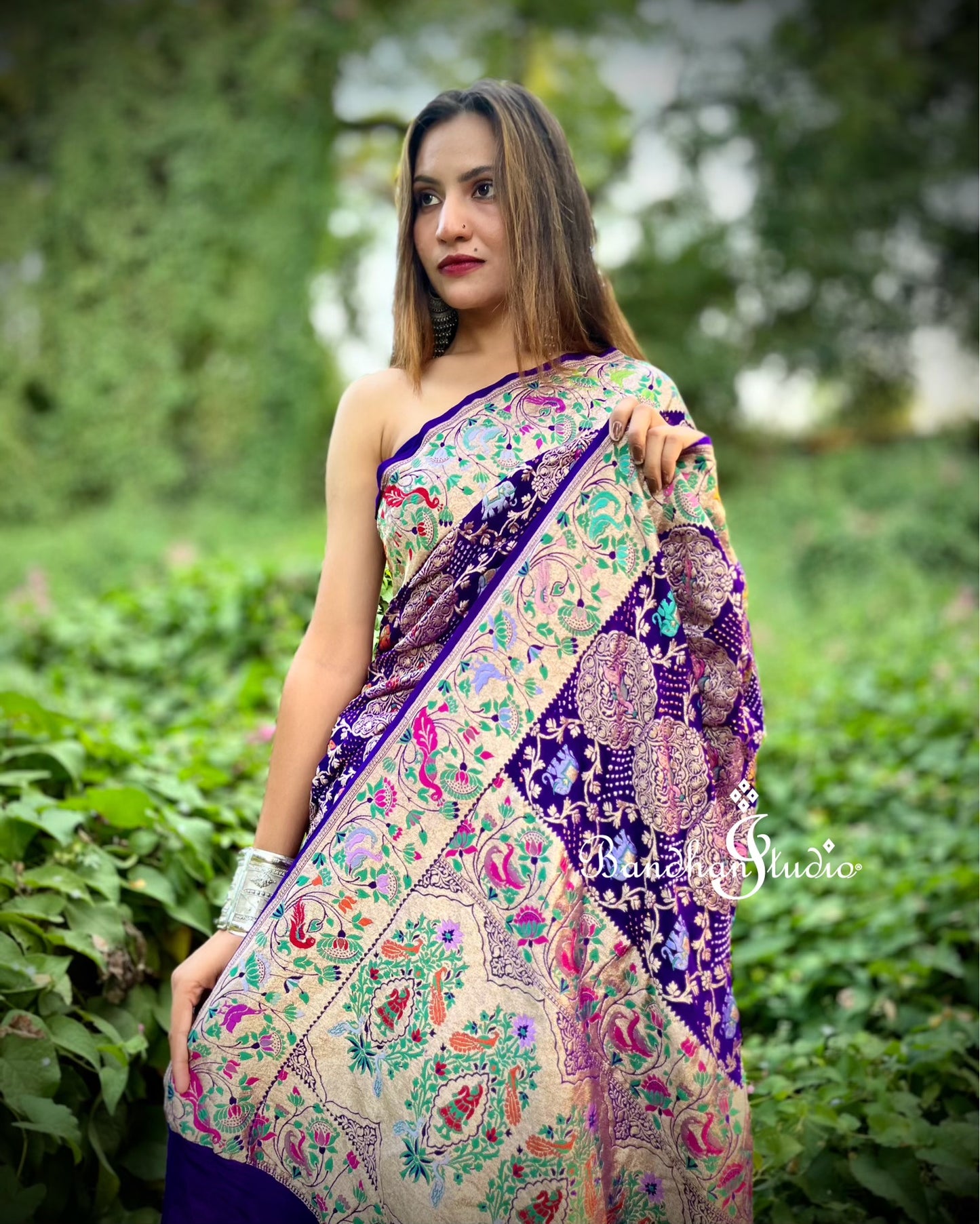 Purple Meenakari Bandhani Sari