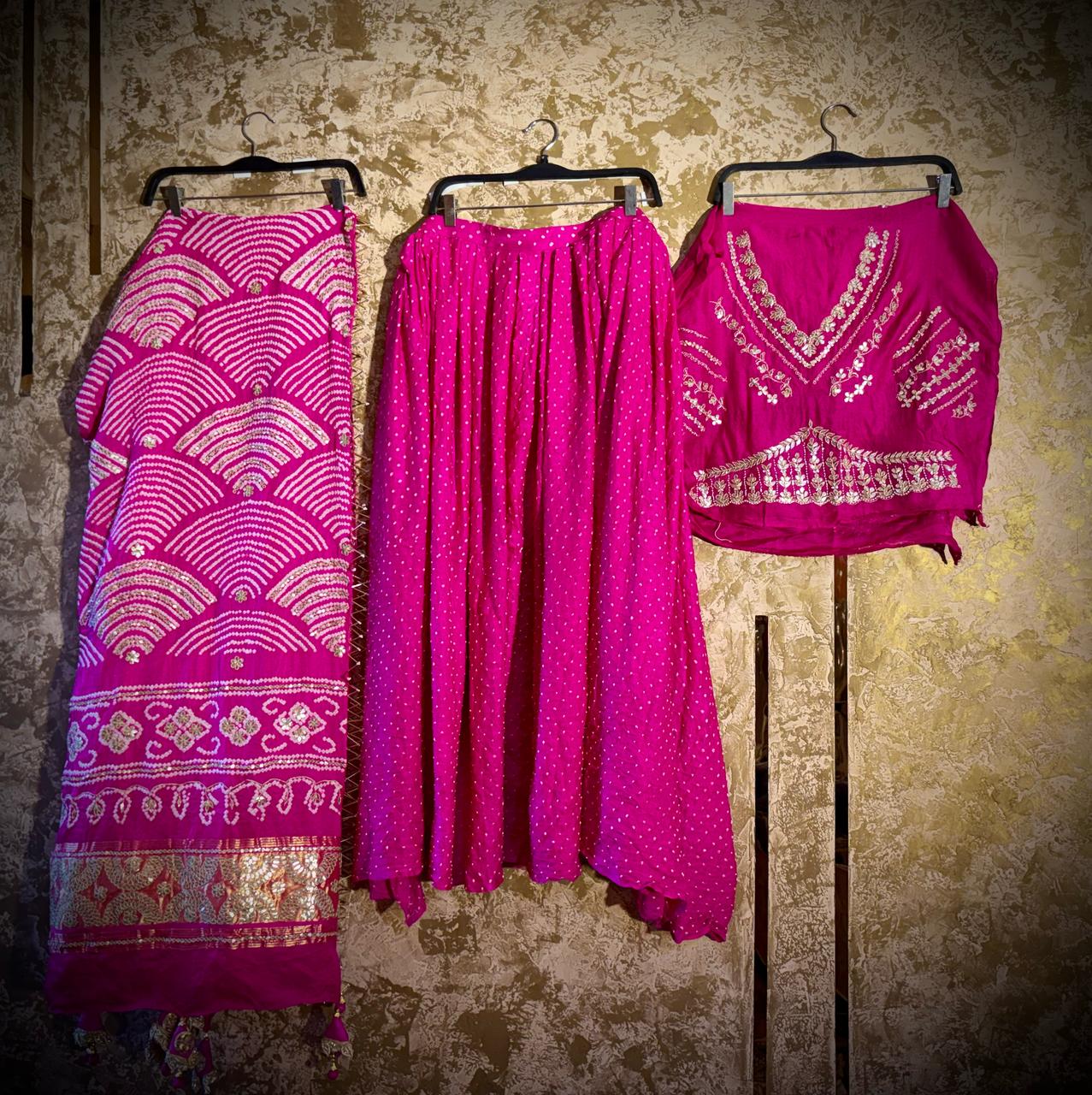 Hot pink Handcrafted pure Gaji silk premium fabric 3 pc Lehenga choli set