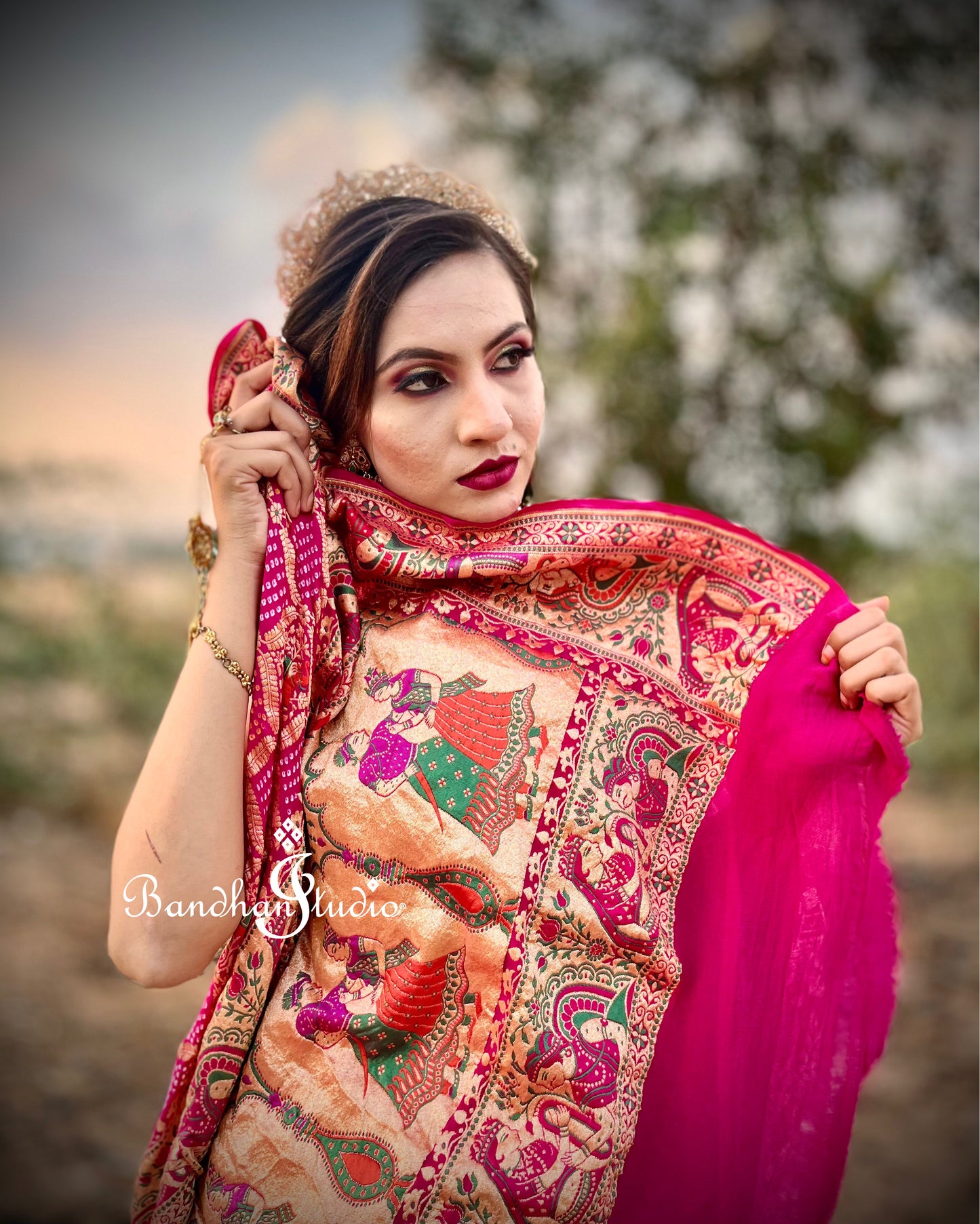 Fuschia Pink ombré Meenakari Raja-Rani Bandhani Saree