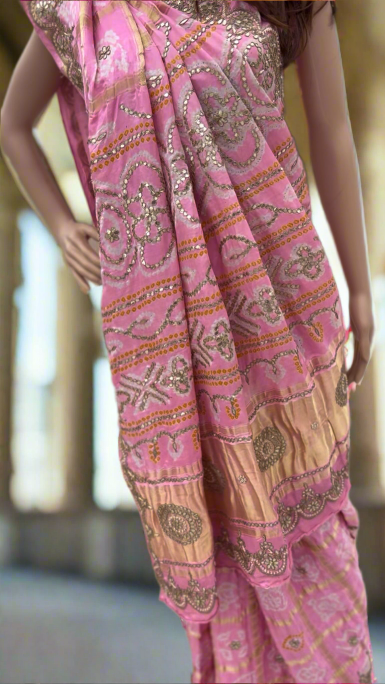 Baby pink Gharchola Bandhani Gotapati on Silk Sari