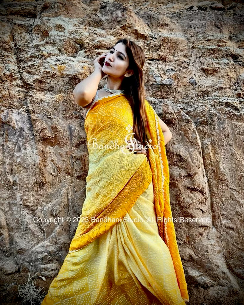 Golden yellow ombré Bandhani saree handcrafted in Pure Silk