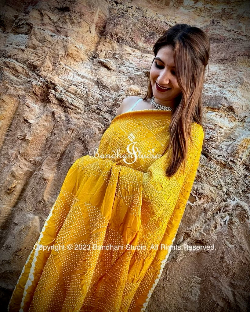 Golden yellow ombré Bandhani saree handcrafted in Pure Silk