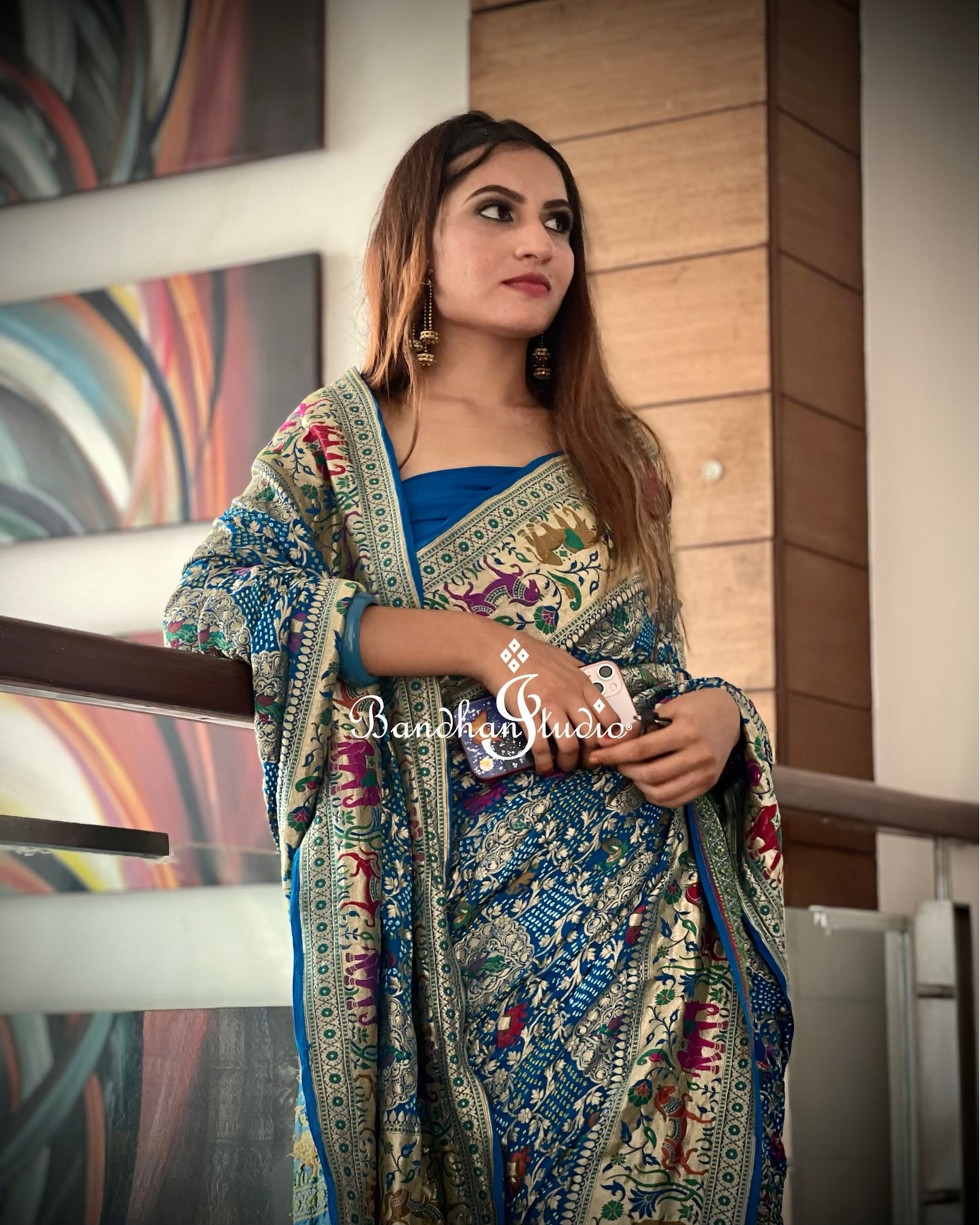 Turquoise Shikargah Bandhani Saree