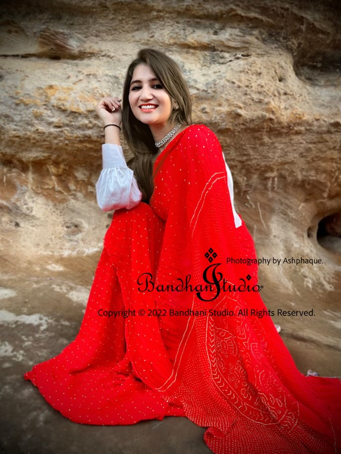 Red Ras-Mandal Rai Bandhani Saree