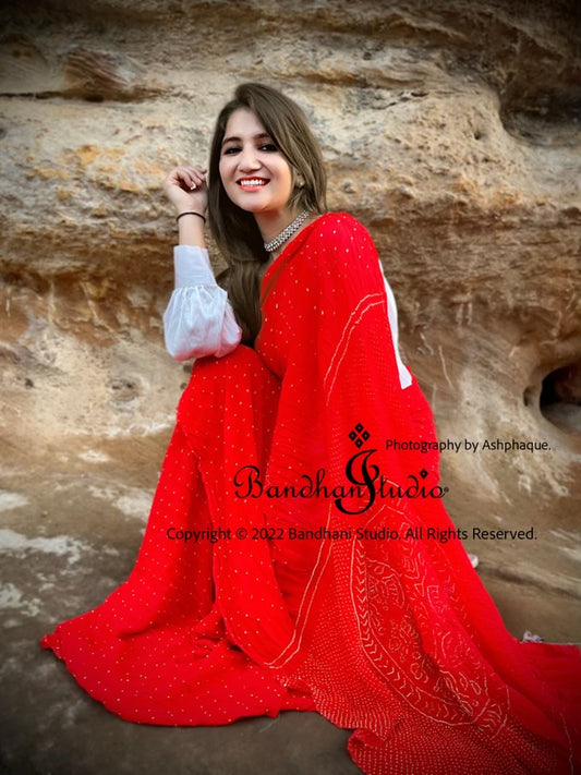 Red Ras-Mandal Rai Bandhani Saree