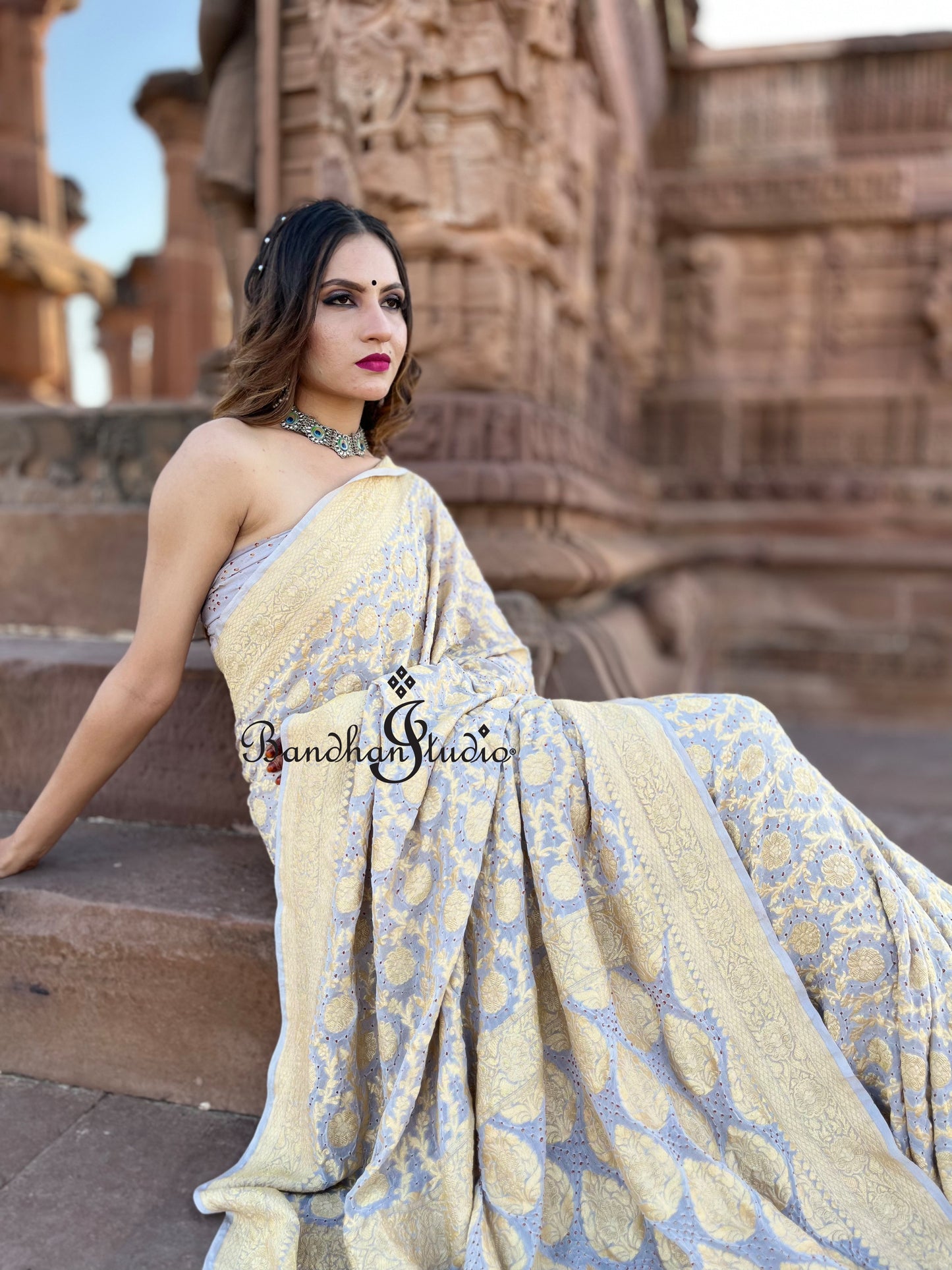 Light Grey Banarasi Bandhani red dots saree