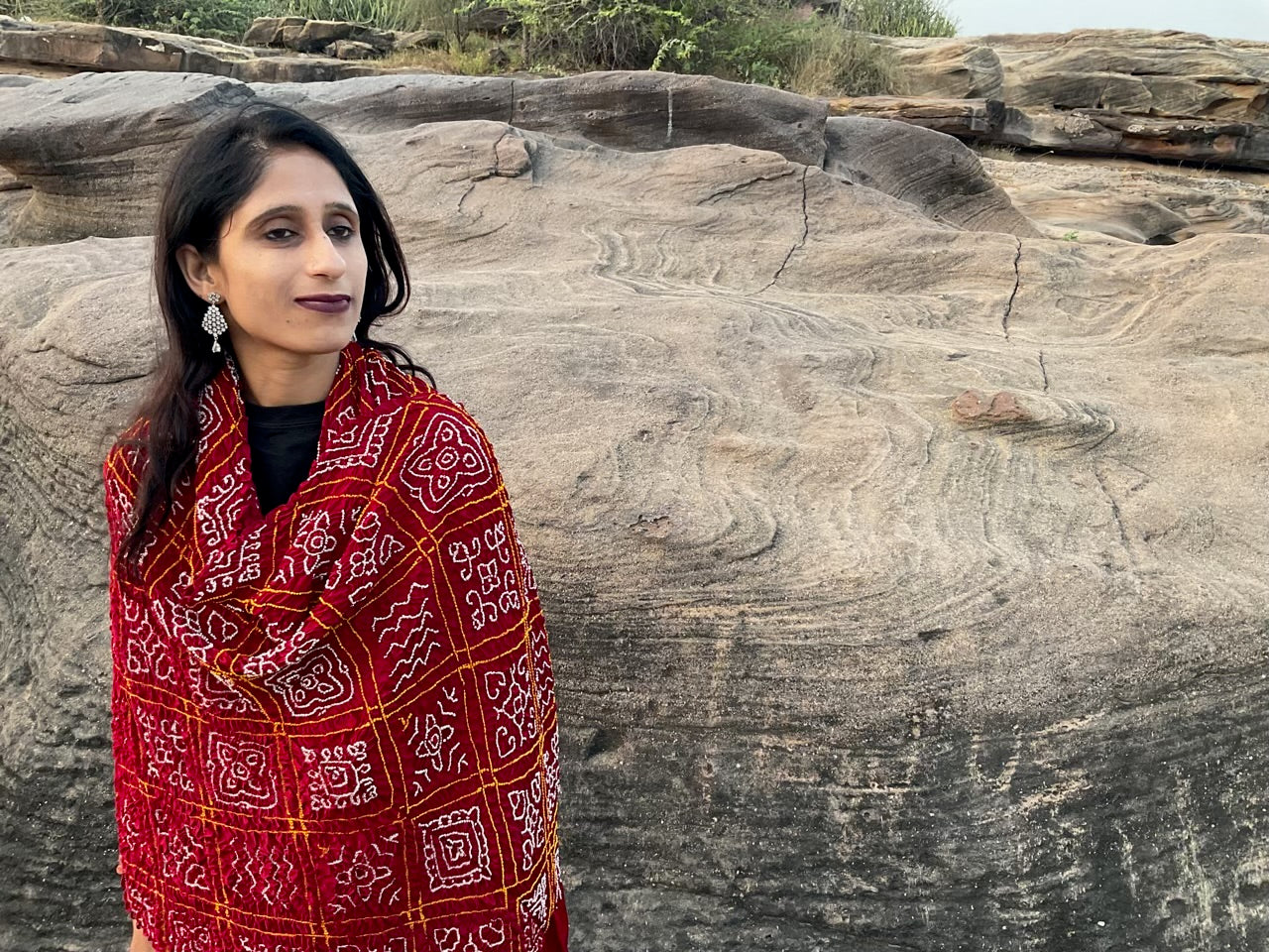 Red Rai Bandhani Bavan Bhag Dupatta