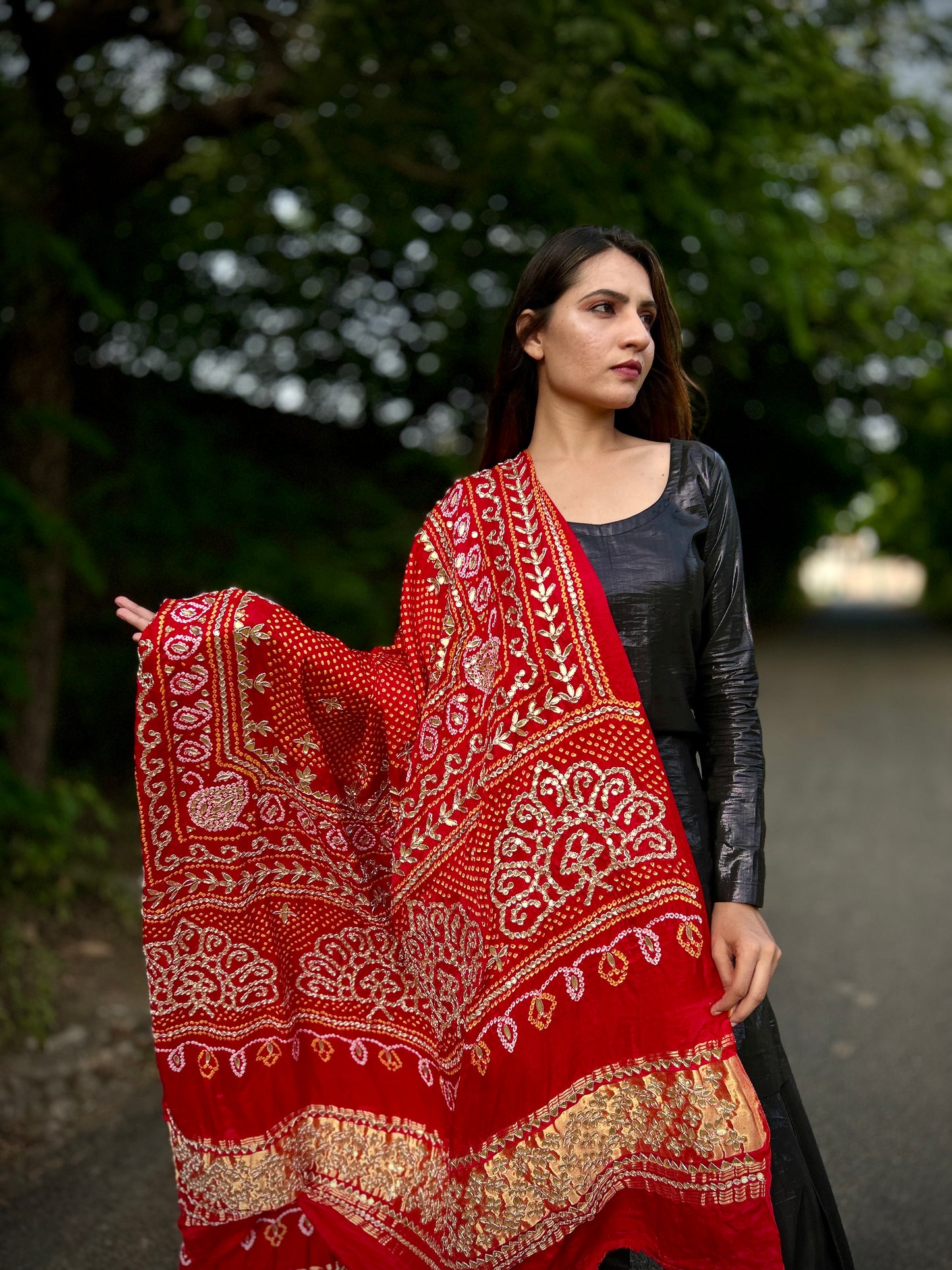 Gotapati Bandhani peacock motifs Red Dupatta