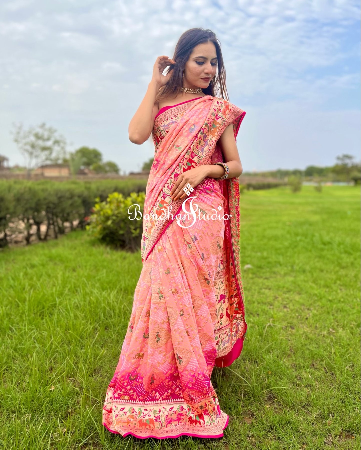 Pink and Peach Shikargah Bandhani Saree