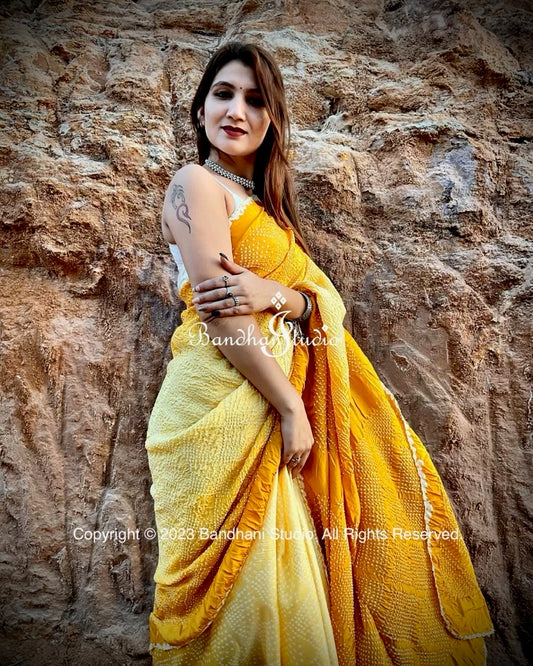 Golden yellow ombré Bandhani saree handcrafted in Pure Silk