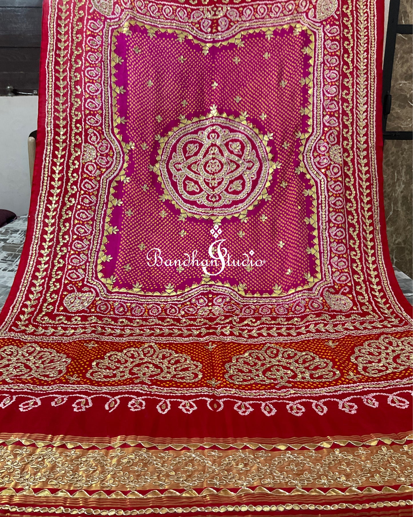 Pink and Red ombré handwork and Bandhani dupatta