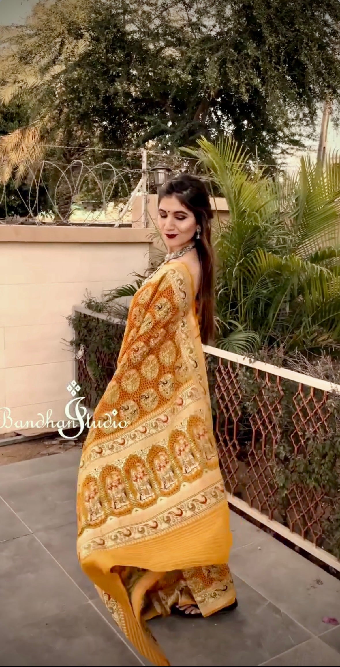 Mustard Meenakari Red dots Bandhani saree