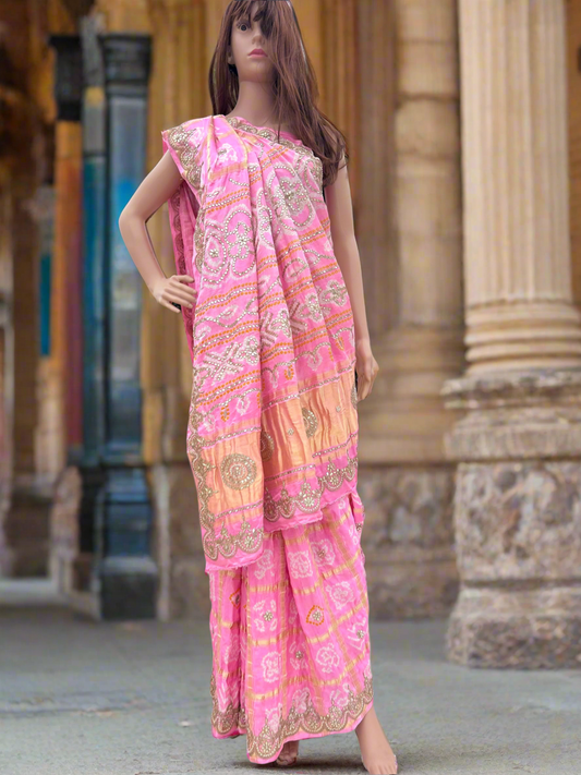 Baby pink Gharchola Bandhani Gotapati on Silk Sari