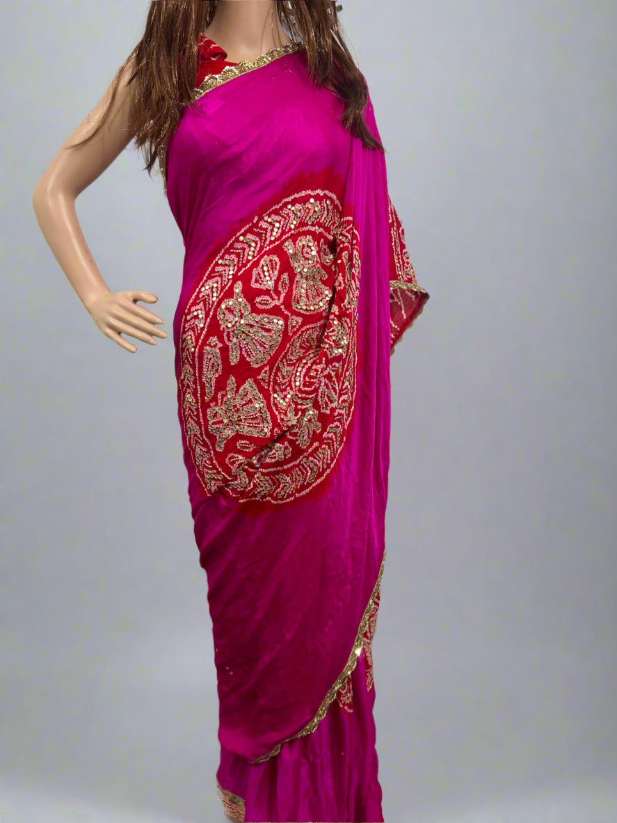 Pink and Coral Gotapati Rasmandal Bandhani on Silk Saree