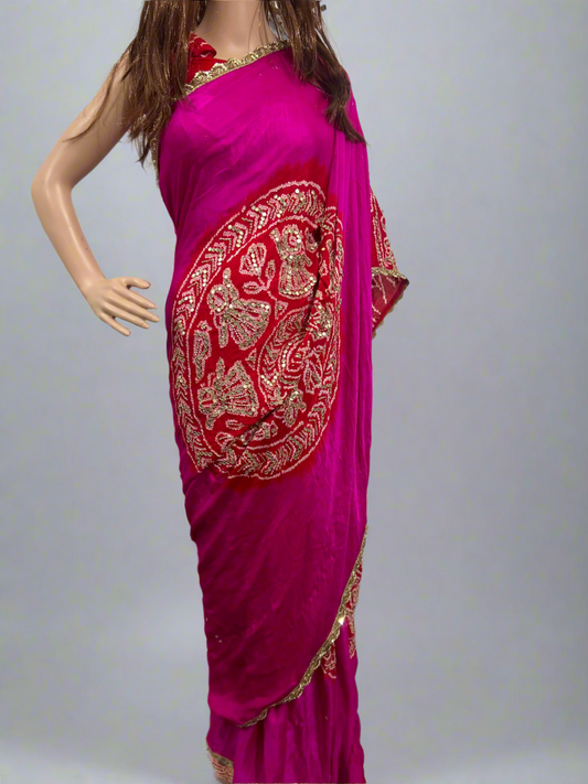 Pink and Coral Gotapati Rasmandal Bandhani on Silk Saree