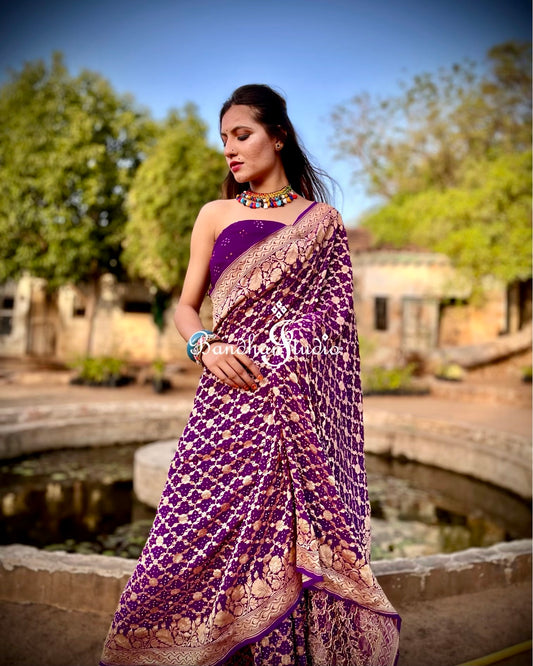 Purple Banarasi Bandhani Floral motifs Saree