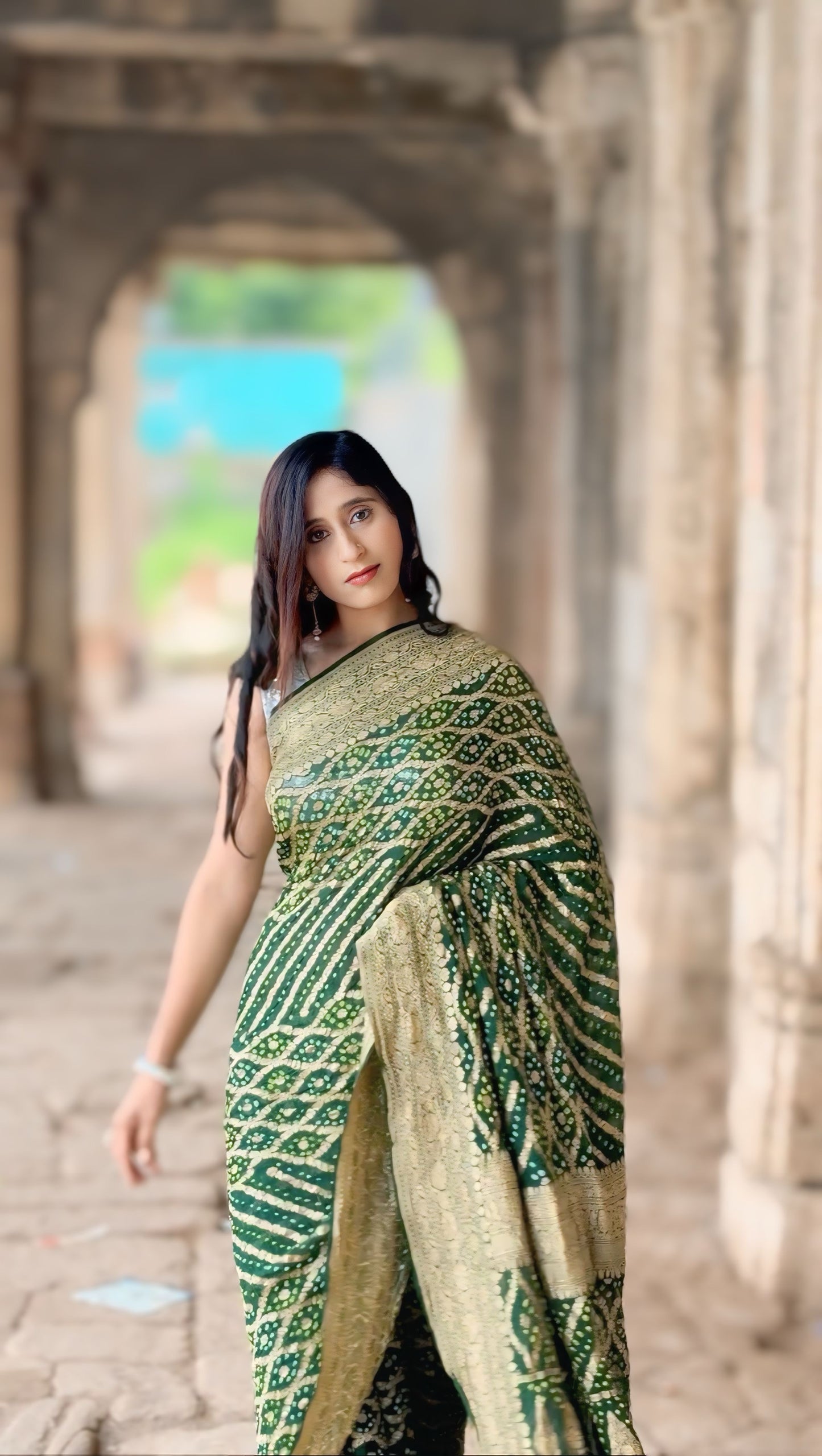 Multicoloured Banarasi Bandhani saree in pure Khadi georgette