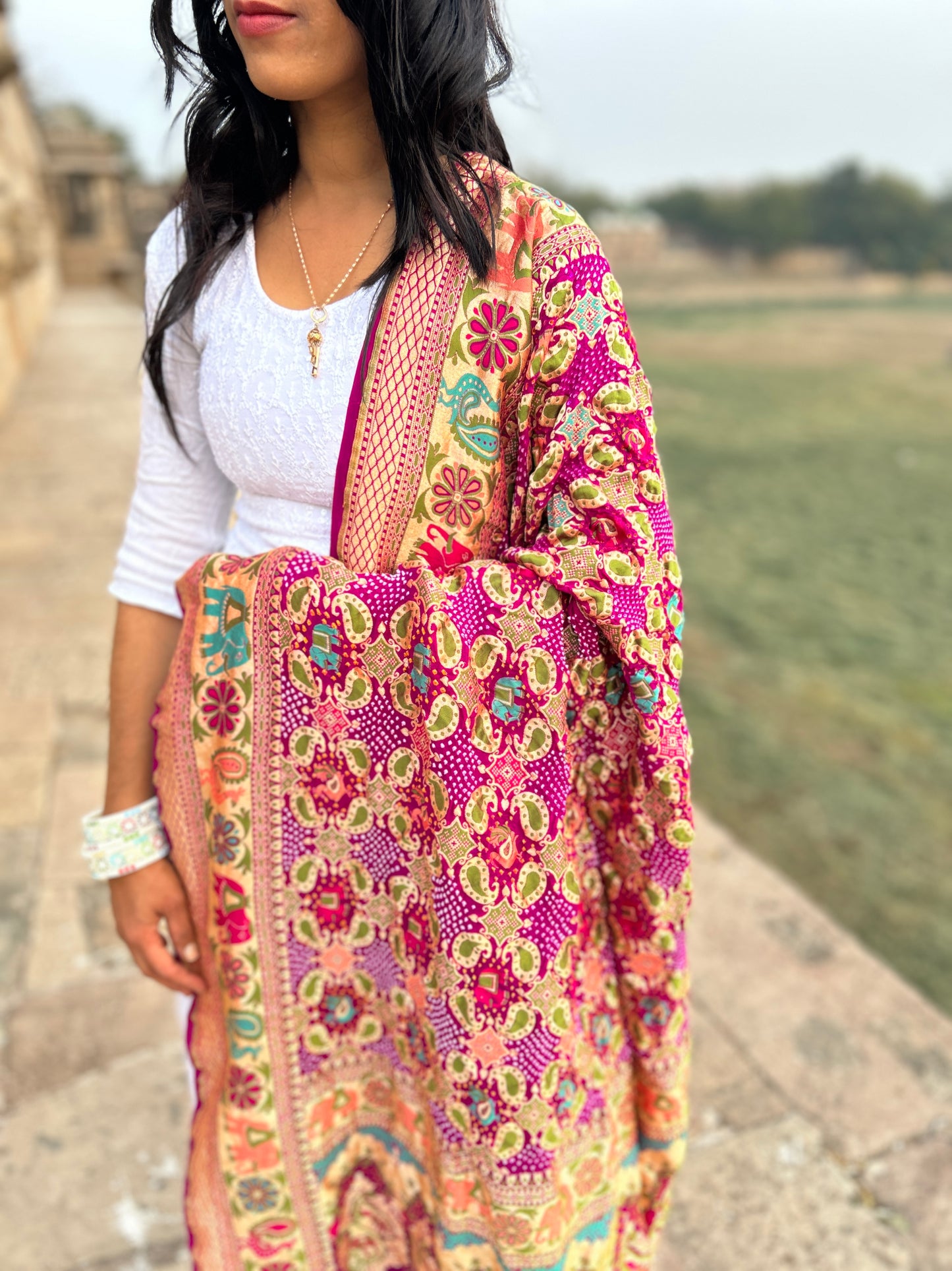 Magenta shade Handloom Meenakari Bandhani Dupatta
