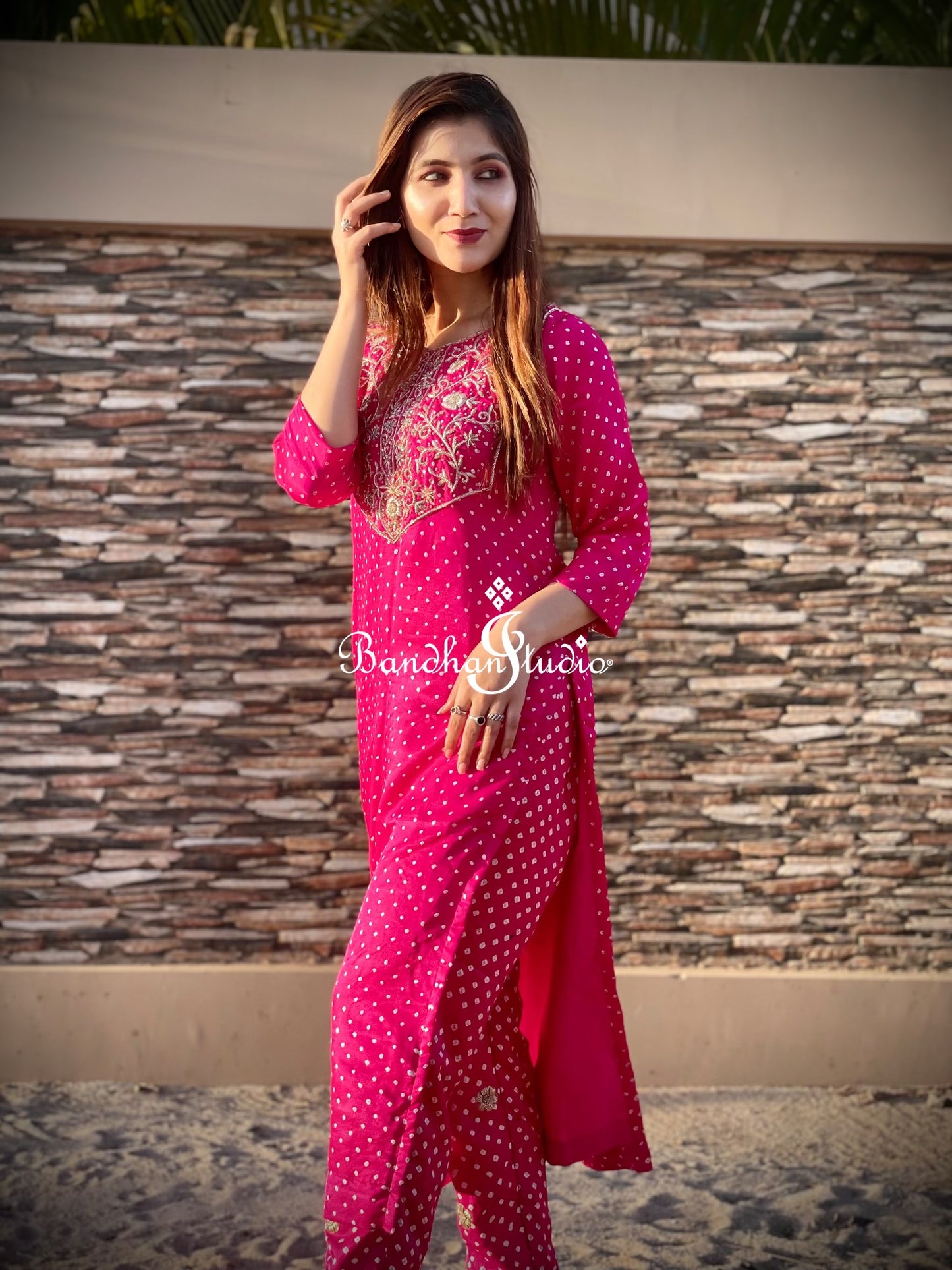 Rani pink Silk Kurta and Pant set with Zardosi Handwork